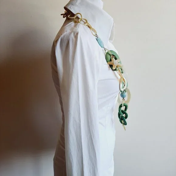 AMLE Italian Long Horn Green Chain Necklace with Python skin - Picture 8 of 16